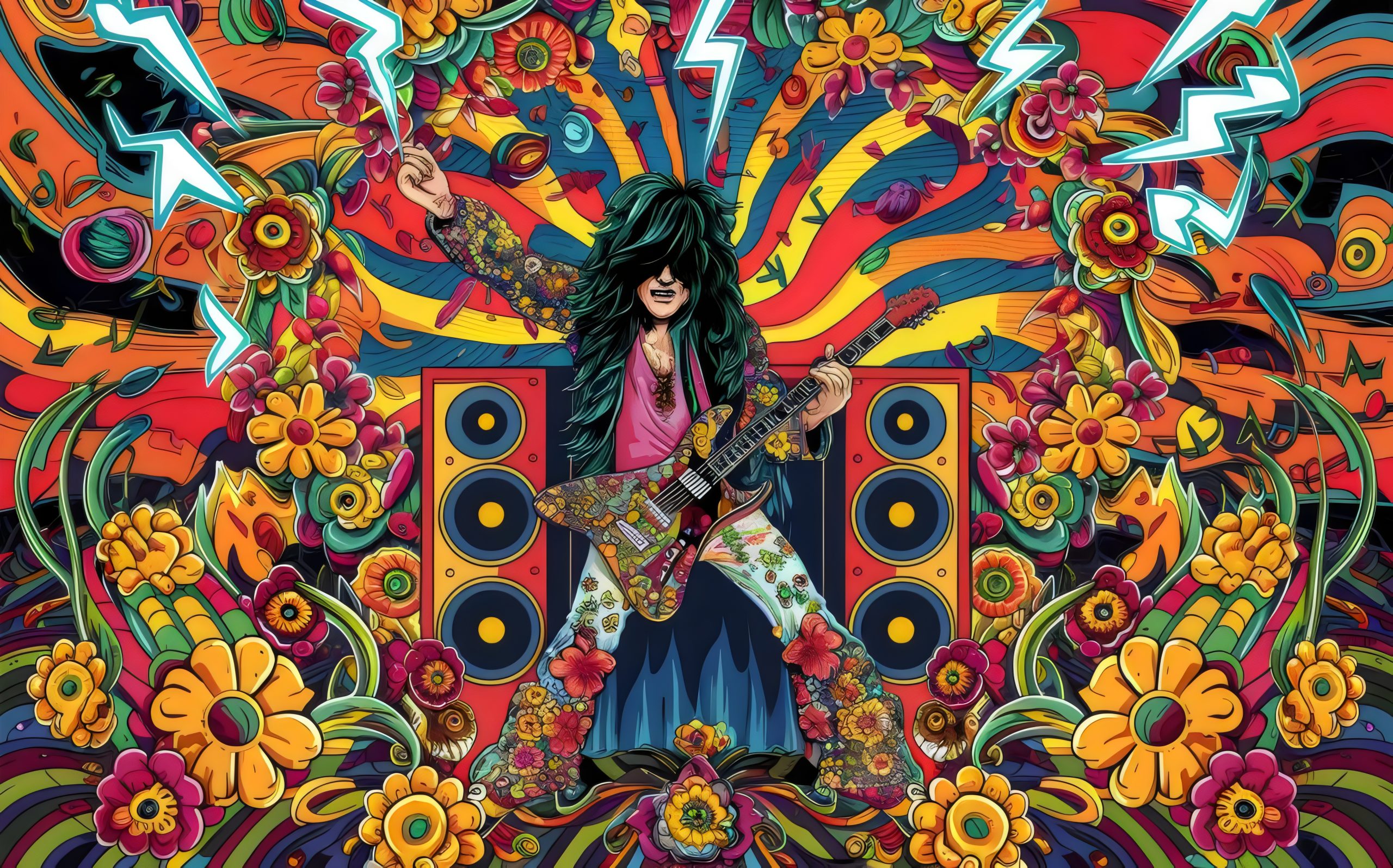 a psychedelic, cartoon illustration of of a 1970s, rockstar, gig poster, acid trip, drugs, marijuana, drugs, music, rock and roll, hippie, lightning bolts, flowers, Trippy, Vibrant, Groovy, Colorful,