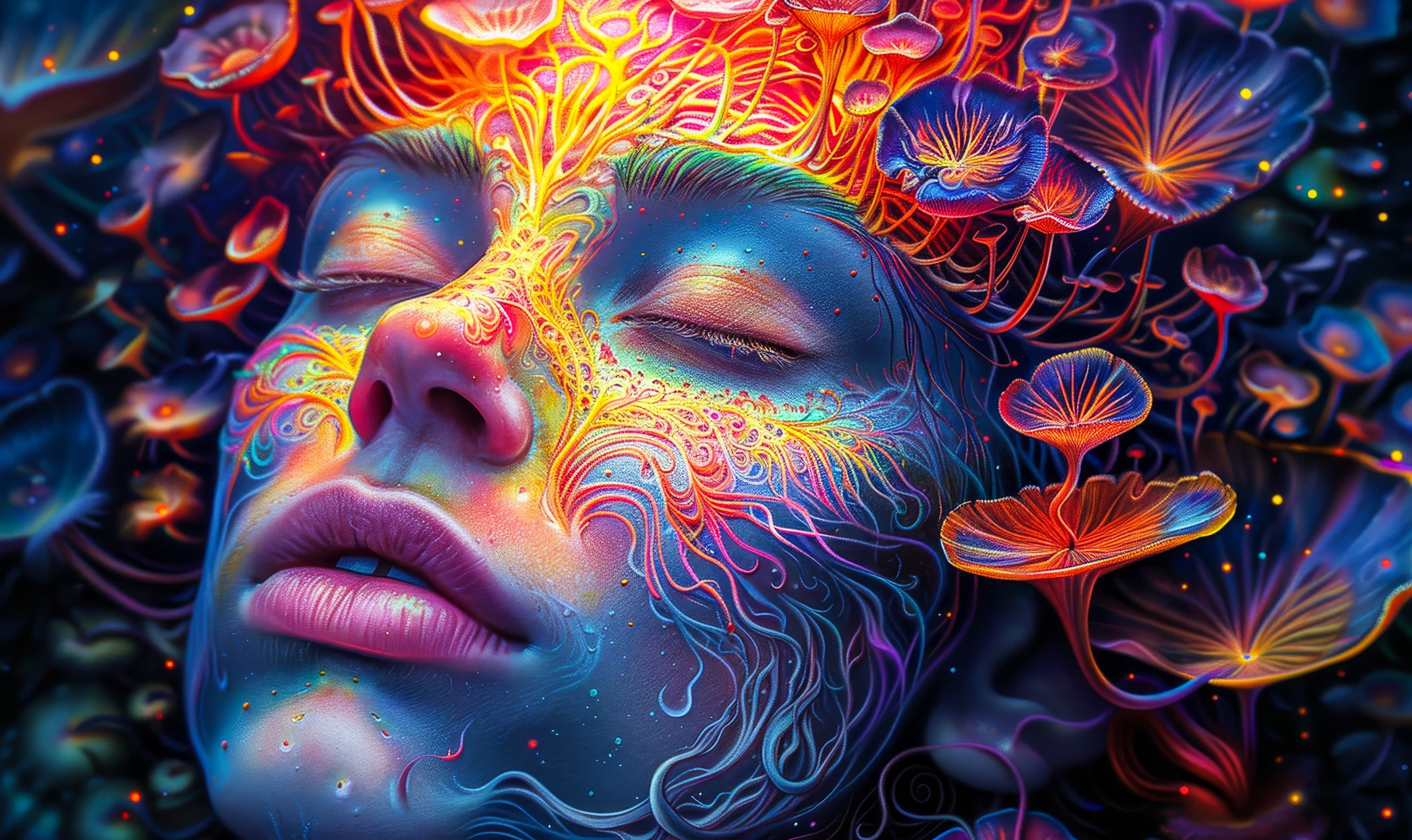 Vivid Psychedelic Experience: Human Immersed in DMT Magic Mushrooms and Hallucinogenic Psilocybin Art at Night