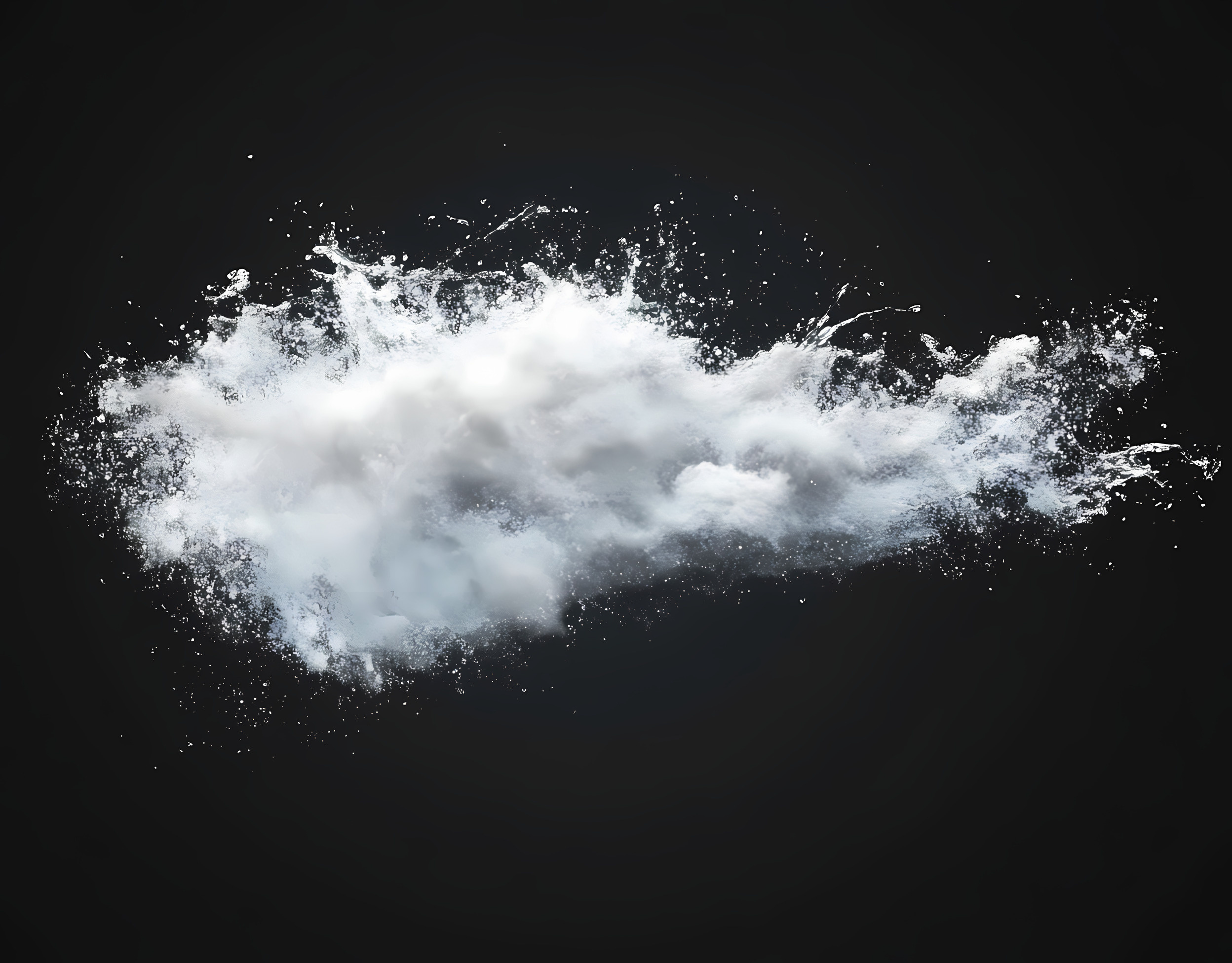 Water spray on a black background, with a white color dust explosion splash of water or air particles in the atmosphere, creating a commercial product-like effect
