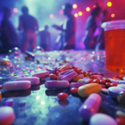 Disco mit Pillen und einem Becher Bier im Vordergrund