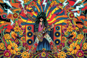 Bunte Illustration von einem Hippie Gitarristen zwischen zwei Boxen