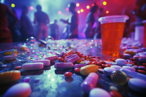 Bunte Drogenpillen in einem Club