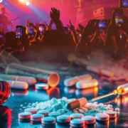 MDMA Pillen, Drogenspritzen und Fläschchen vor tanzenden Menschen in einem Club