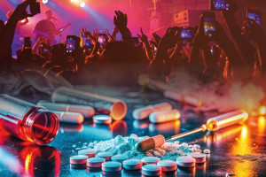 MDMA Pillen, Drogenspritzen und Fläschchen vor tanzenden Menschen in einem Club