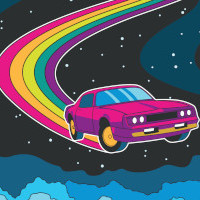 Illustration mit rosa Auto auf einem Regenbogen vor Sternenhimmel