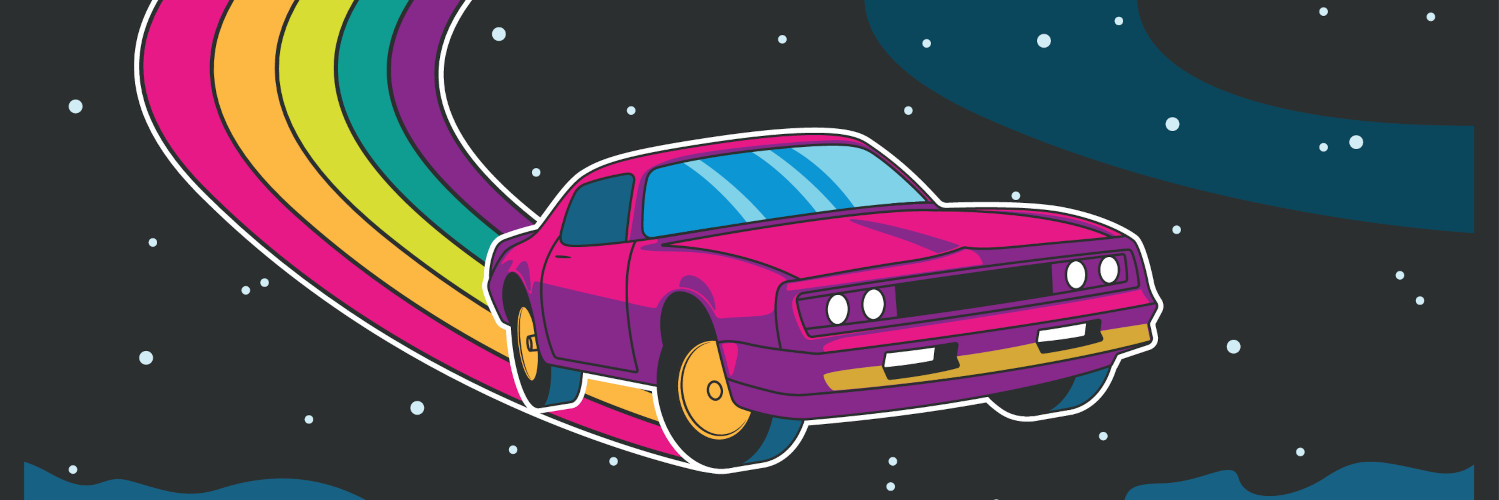 Illustration mit rosa Auto auf einem Regenbogen vor Sternenhimmel