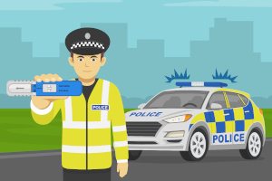 Illustration mit einem britischen Polizisten, der einen DrugWipe vor sich hält, im Hintergrund ein Polizeiauto.