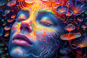 Lebendige psychedelische Erfahrung: Ein Mensch, der nachts in die Welt der DMT-Zauberpilze und der halluzinogenen Psilocybin-Kunst eintaucht